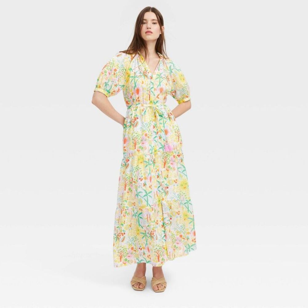 Open Box - Roller Rabbit - Women's Vacation Short Sleeve Maxi Dres Green, Yellow